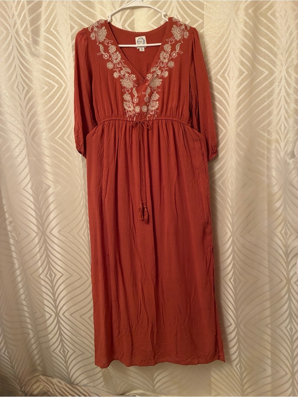 Blue Rain Rust Maxi Dress with Embroidered V-Neck - New No Tags